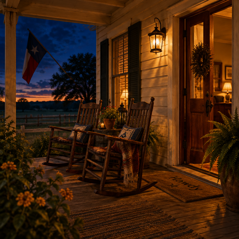 A warm front porch at dusk